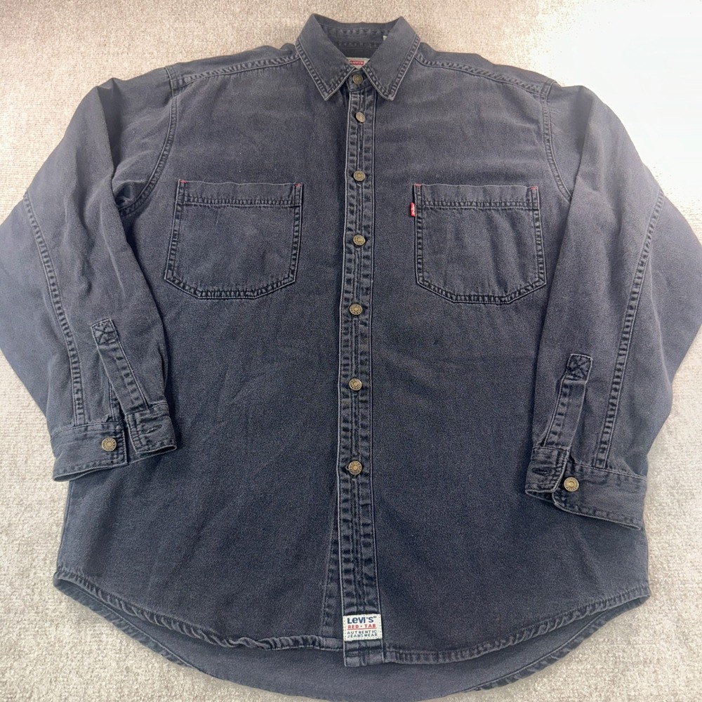 Levis Red Tab Denim Shirt Mens Medium Faded Black Long Sleeve Cotton Button Down